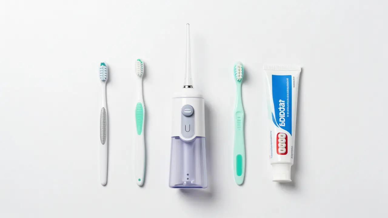 Sada pomůcek pro hygienu zubů s fixní rovnátkou.