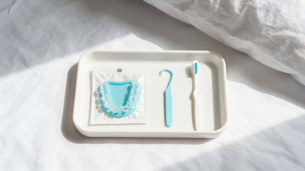 Sada pomůcek pro péči o rovnátka: gumičky, háček a mezizubní kartáček.