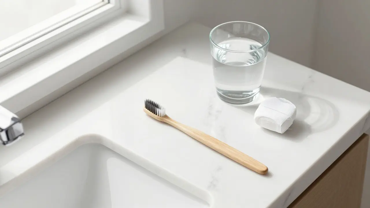 Sada pro denní péči o zuby s kartáčkem a nití na mramorovém povrchu.