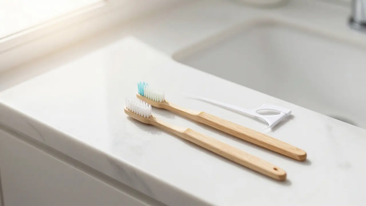 Sada pro dentální hygienu na mramorovém stole v ranním světle.