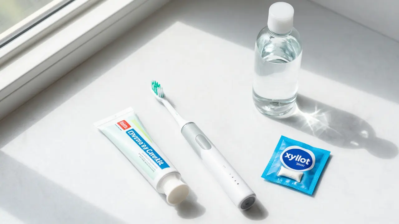 Sada pro zubní hygienu sportovců včetně elektrického kartáčku a vody.