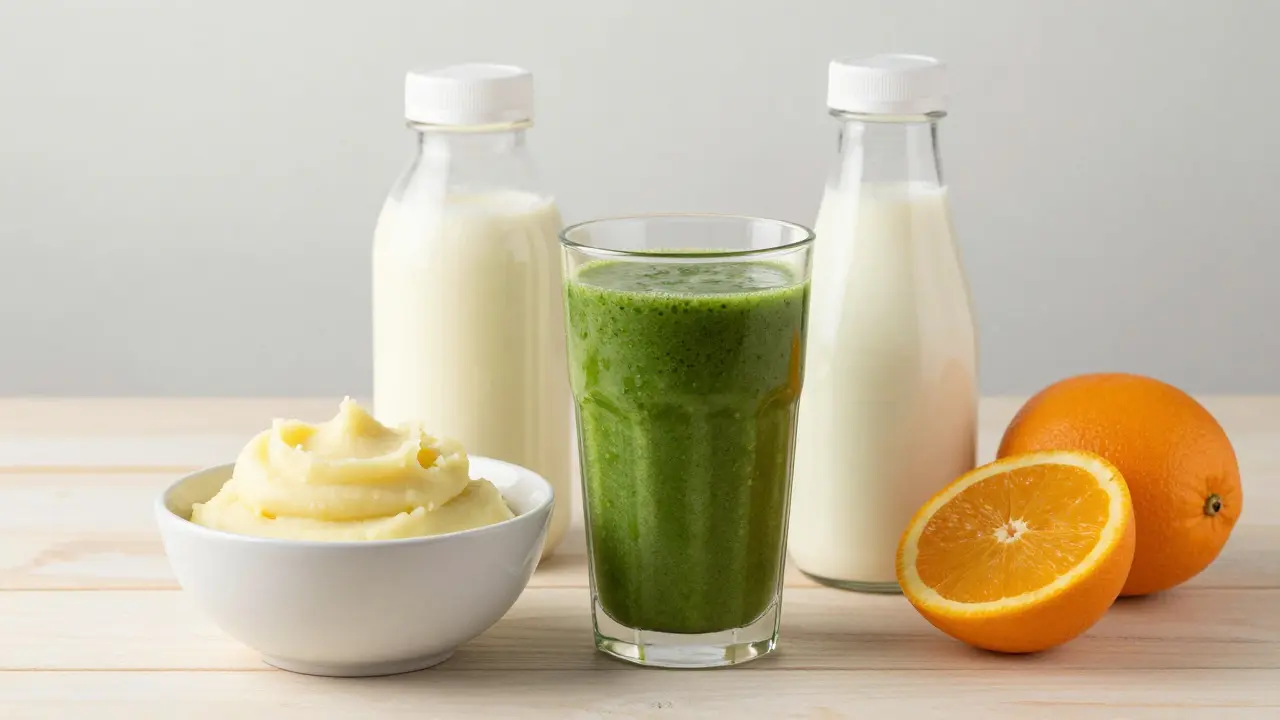 Sada tekutých a měkkých potravin, včetně smoothie a nutričního nápoje.