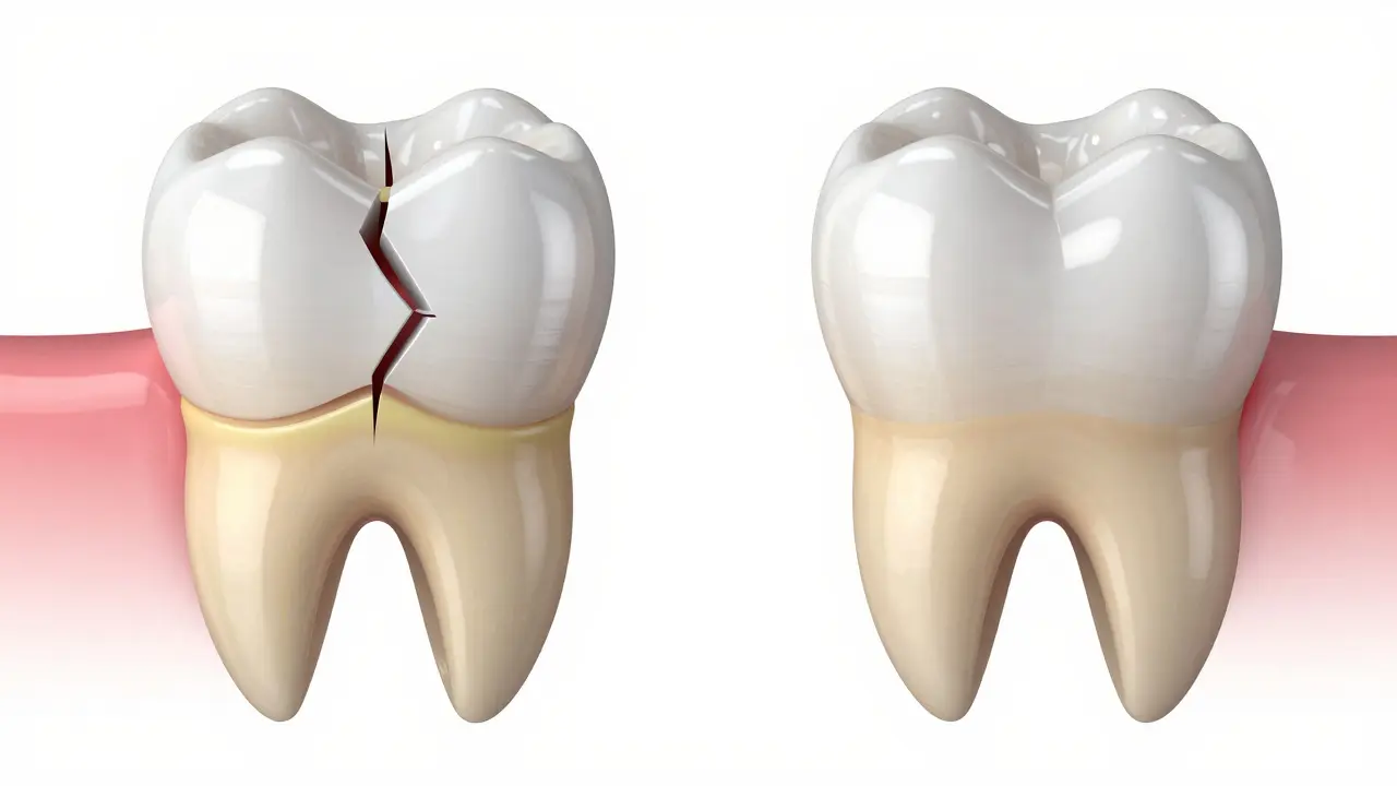 Srovnání poškozeného zubu a jeho profesionální opravy pomocí keramické korunky.