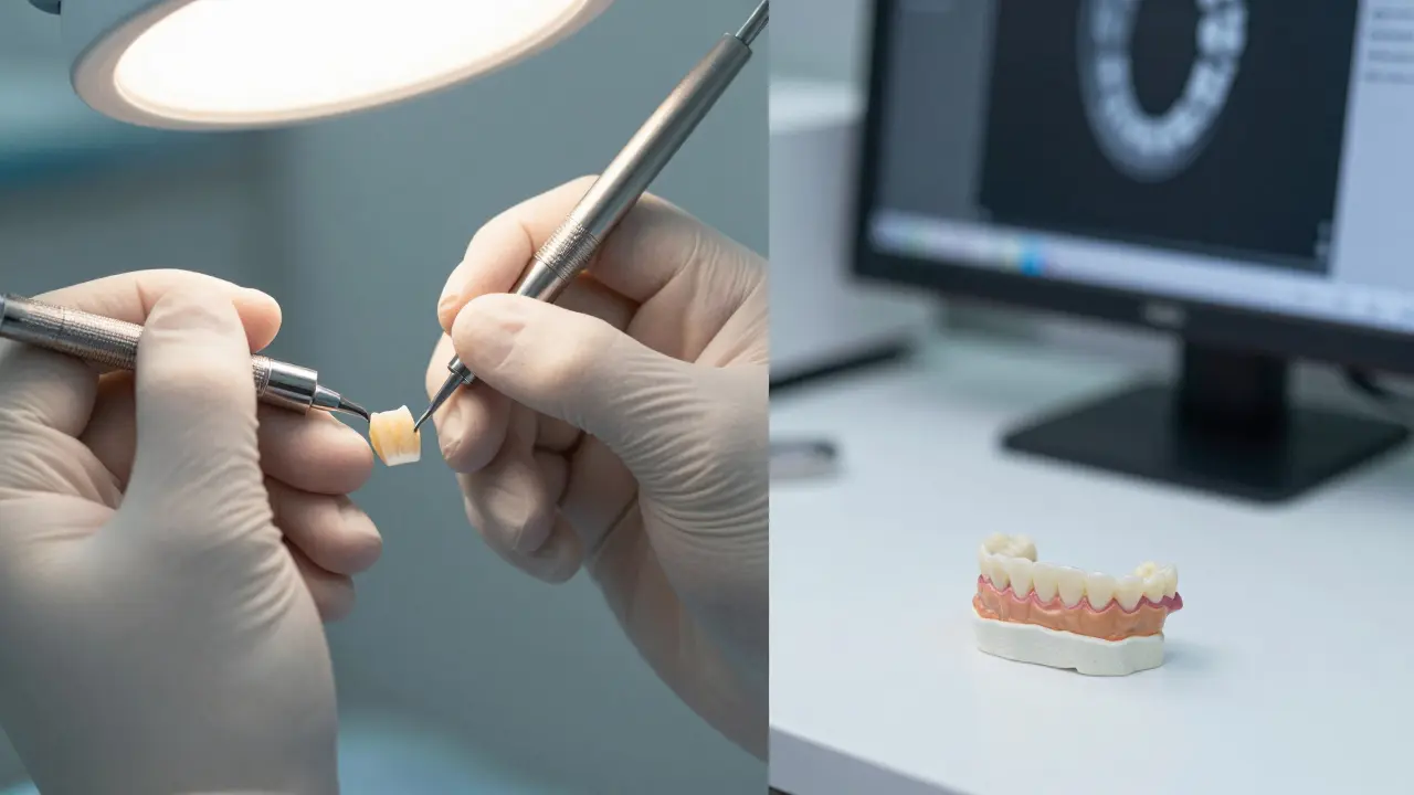 Srovnání ruční aplikace kompozitní faseti a precizní keramické faseti z laboratoře.