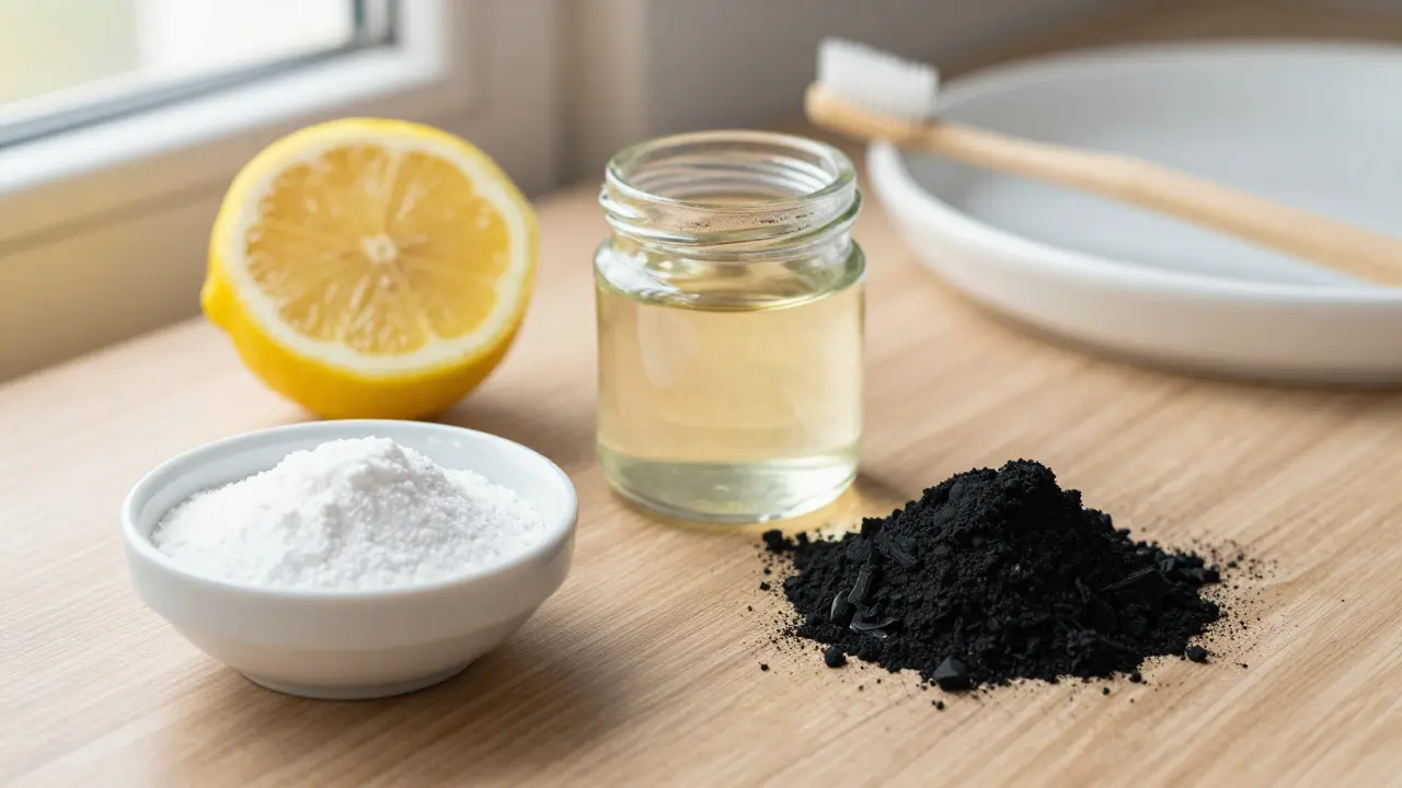 Suroviny pro domácí čištění zubů: soda, citrón, kokosový olej a uhlí