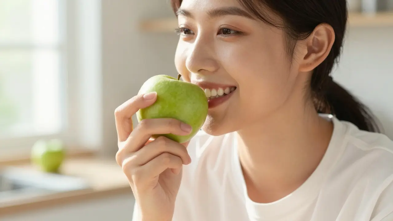 Usmívající se osoba kousající do zeleného jablka s zdravým úsměvem.