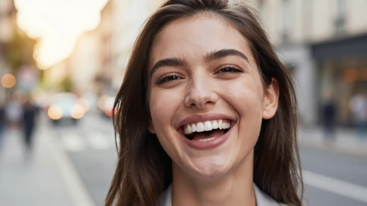 Zavěřená detailní záběrka na šťastnou ženu s přirozeným a zdravým úsměvem.