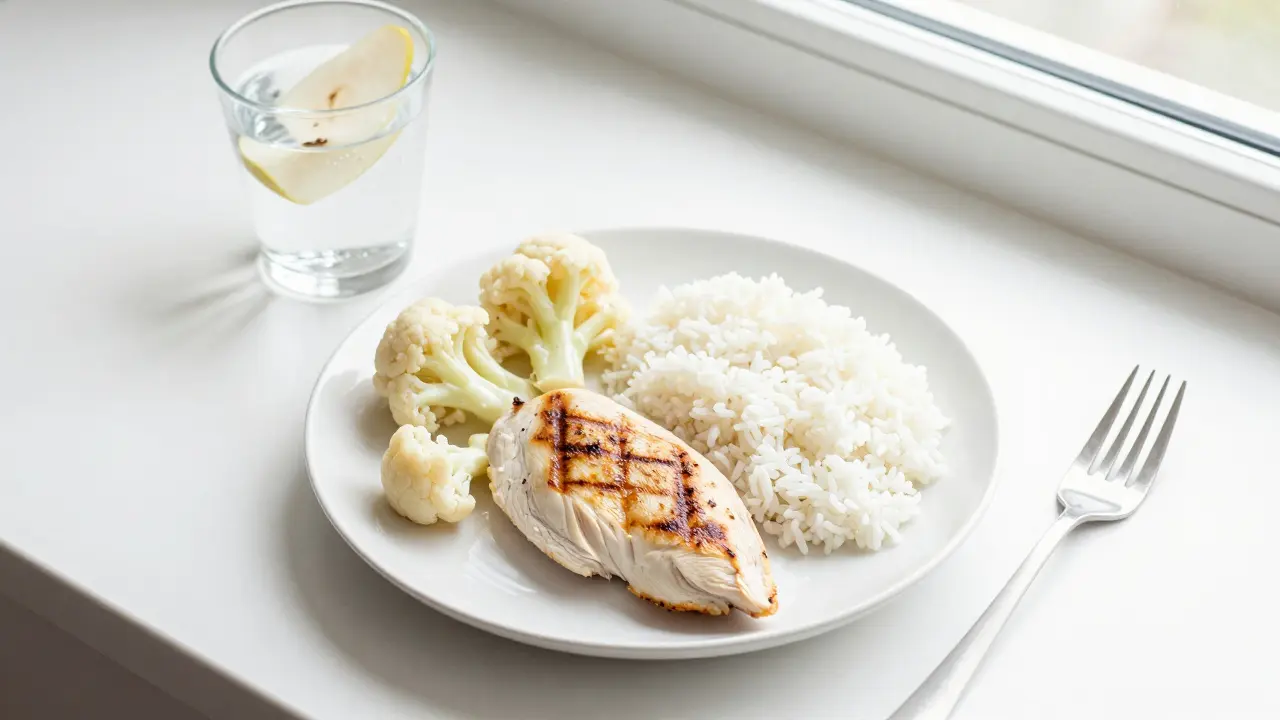 Zdravý talíř s bílým masem, rýží a květákem s čistou vodou.