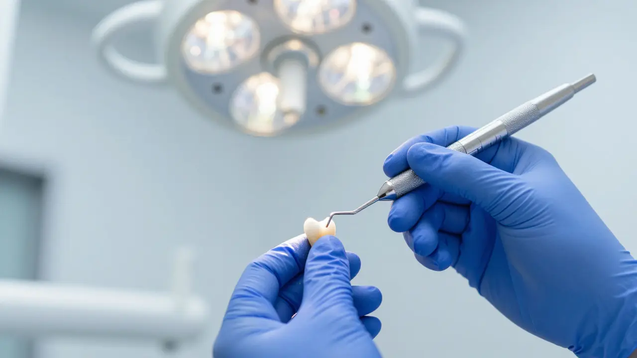 Zubní lékař používající precizní kyretu k odstranění zubního kamene z kořene zubu.