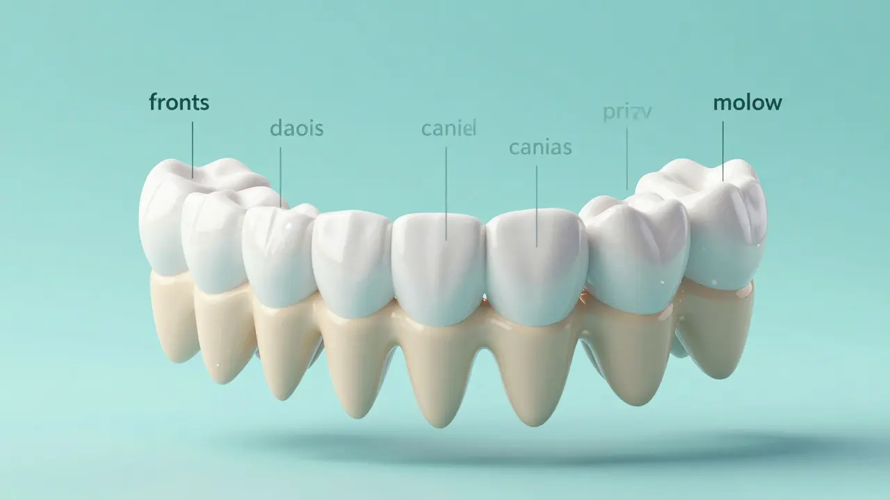 3D model různých typů zubů: řezáky, špičáky a stoličky