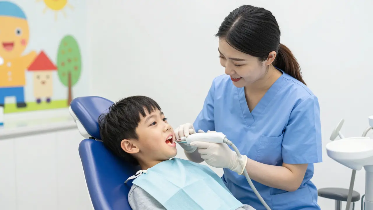 Dentální hygienistka čistí zuby dítěti ultrazvukem