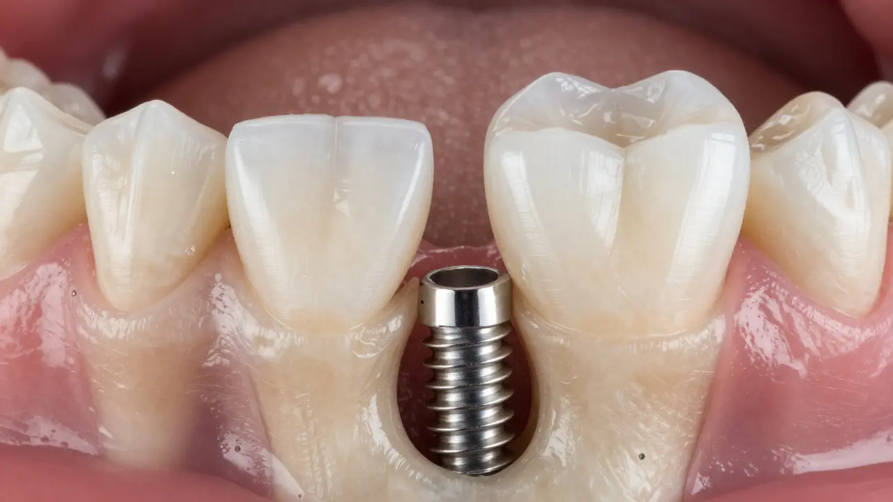 Detailní pohled na titanový zubní implantát integrovaný v čelisti s keramickou korunou