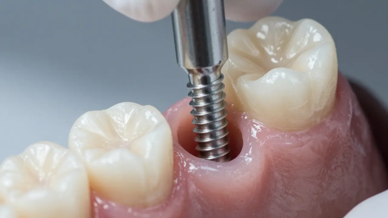 Detailní záběr zasazování titanového zubního implantátu do kosti