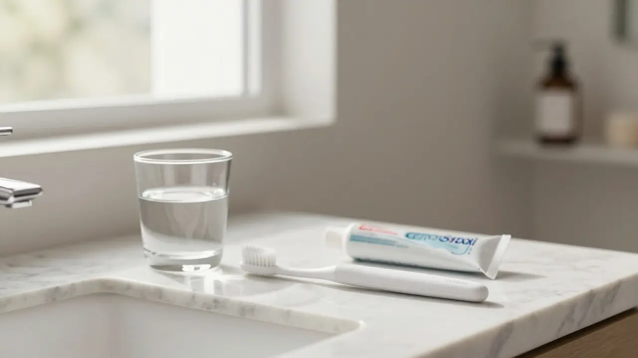 Ergonomický zubní kartáč v klidné moderní koupelně