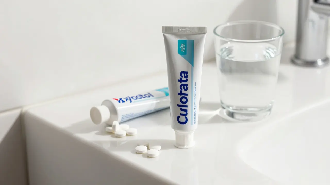 Fluoridová pasta a xylitol na umyvadle pro péči o zuby