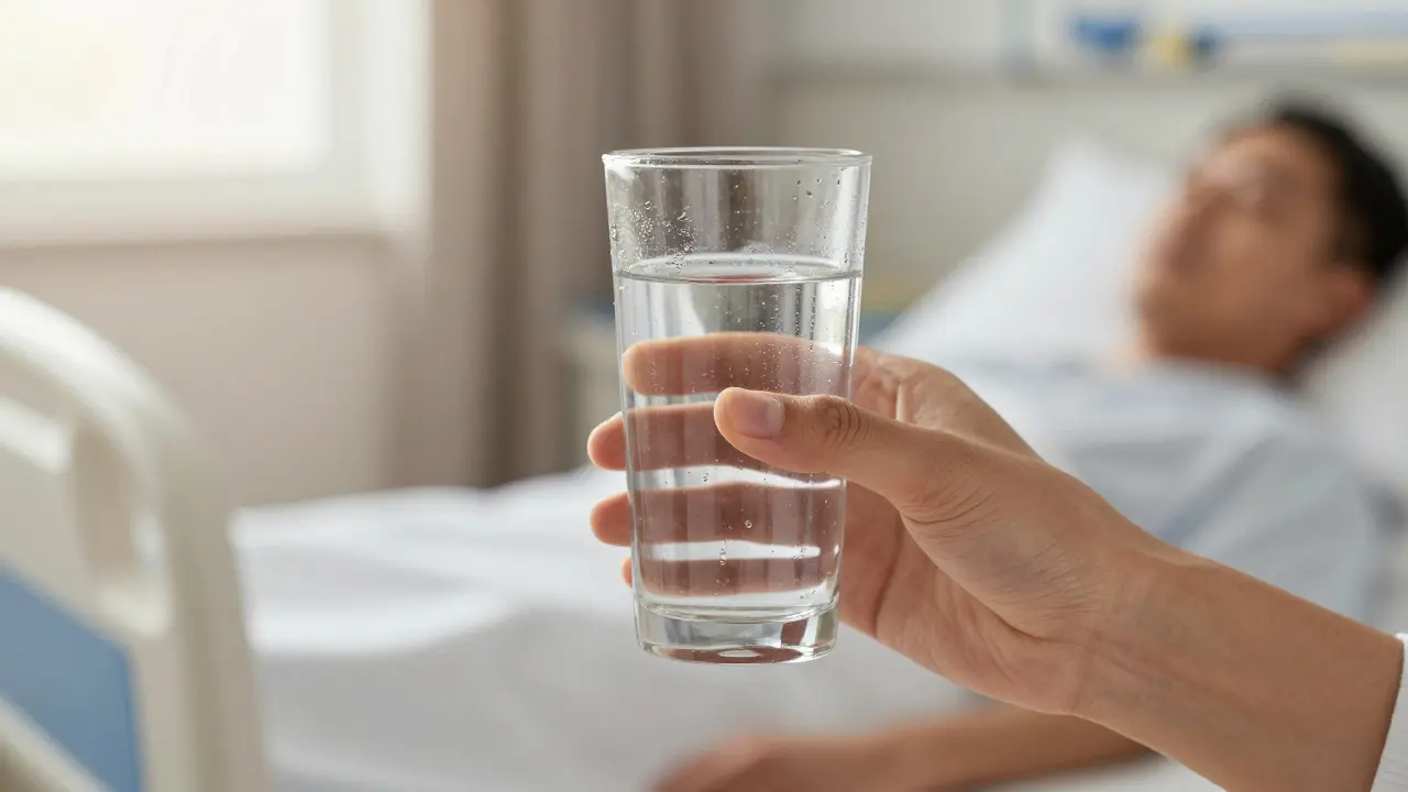 Ruka držící sklenici vody pro hydrataci po operaci