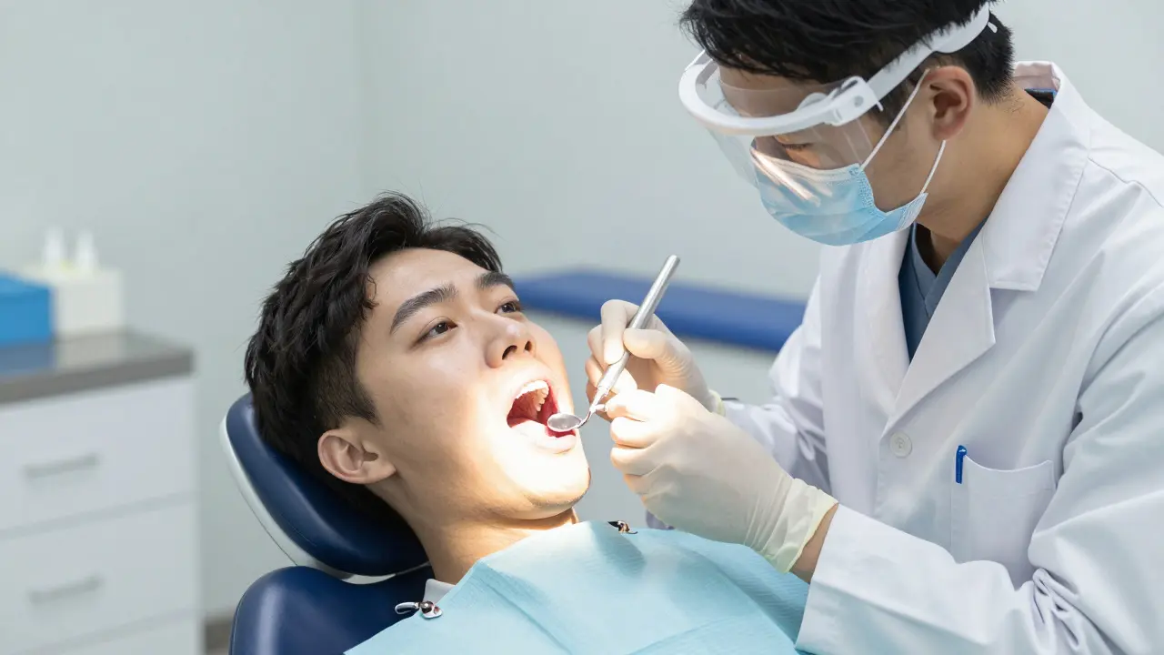 Stomatolog vyšetřuje hltan a jazyk pacienta při preventivní prohlídce