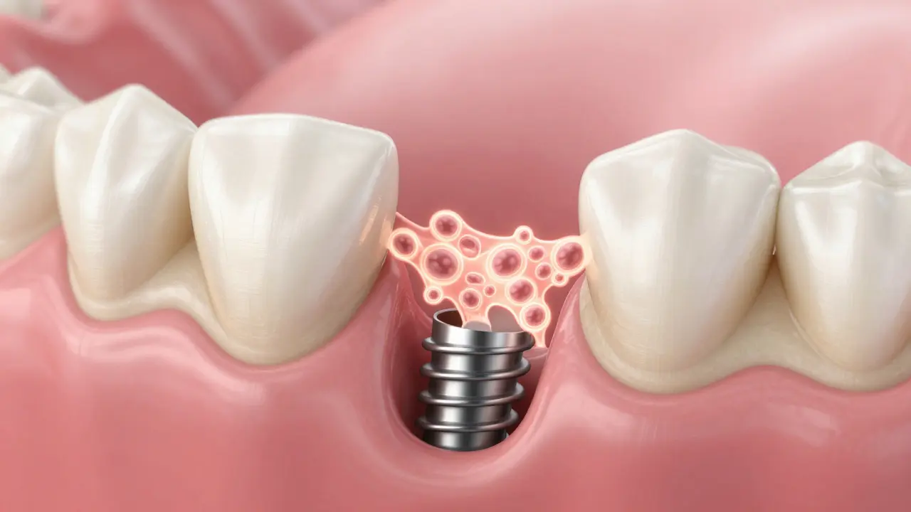 Umělecká vizualizace splynutí implantátu s kostní tkání (osifikace)