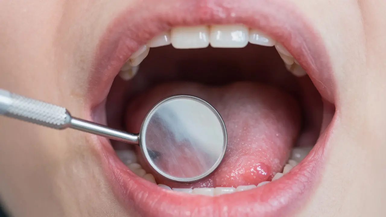 Záběr do úst s dentálním zrcátkem odhánějícím jazyk pro kontrolu sliznice.