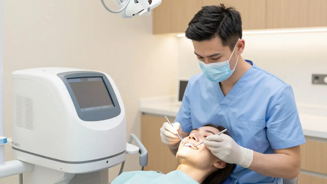 Zubní lékař zkoumá úsměv pacienta v moderní klinice s technologií CAD/CAM.
