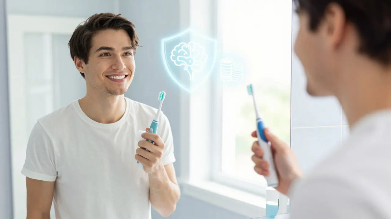 Člověk s elektrickou kartáčkou v koupelně, symbolizující prevenci
