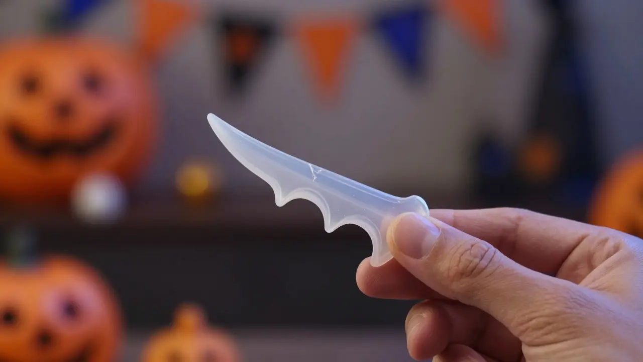 Detailní záběr na upírský zoubek s nanášeným lepidlem