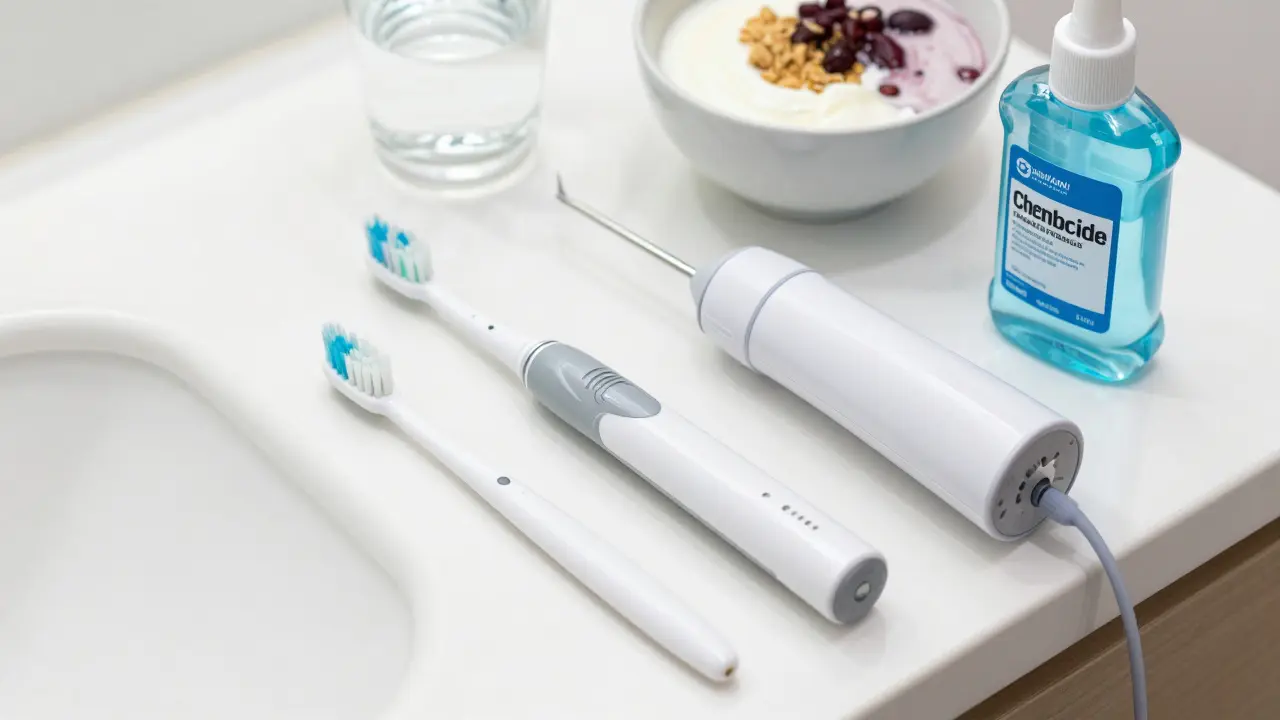 Hygienické pomůcky jako kartáček a kloktadlo na čistém pultu před zákrokem