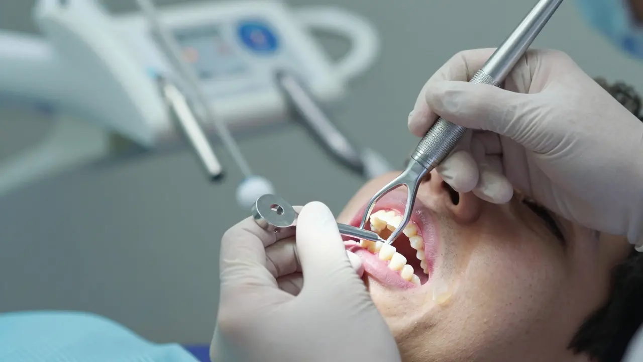 Zubní lékař provádí diagnostický test kousnutím na zubu