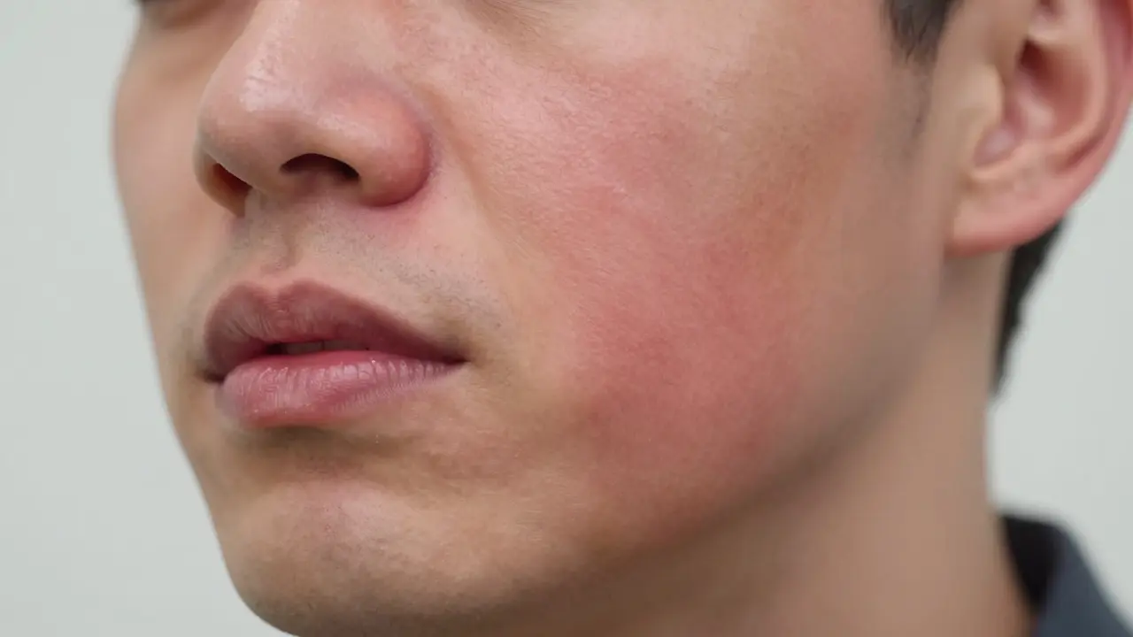Zvětšená tvář s otokem ukazujícími na zubní absces