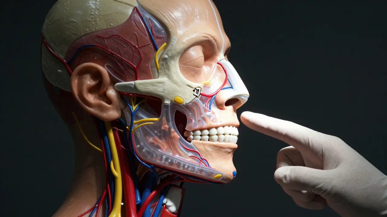Anatomický model hlavy ukazující složitost maxilofaciální oblasti