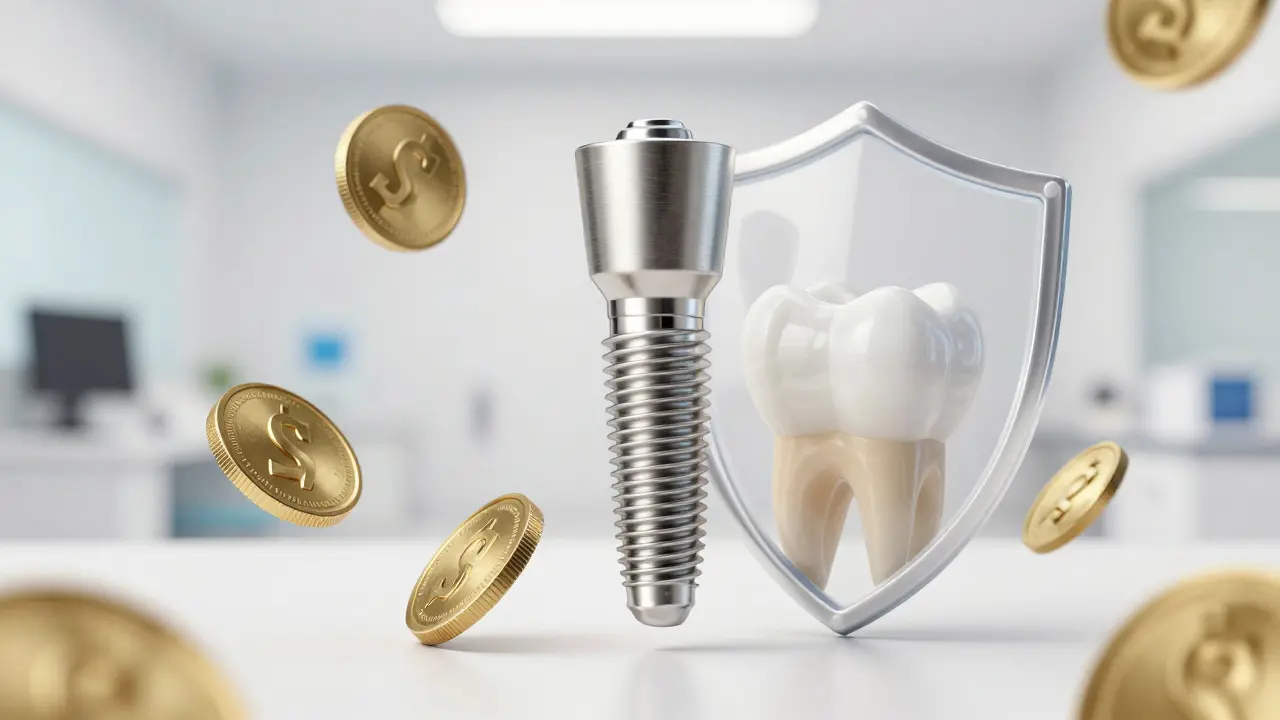 Koncept financování: titaničitý implantát a korunka s symboly pojištění a peněz