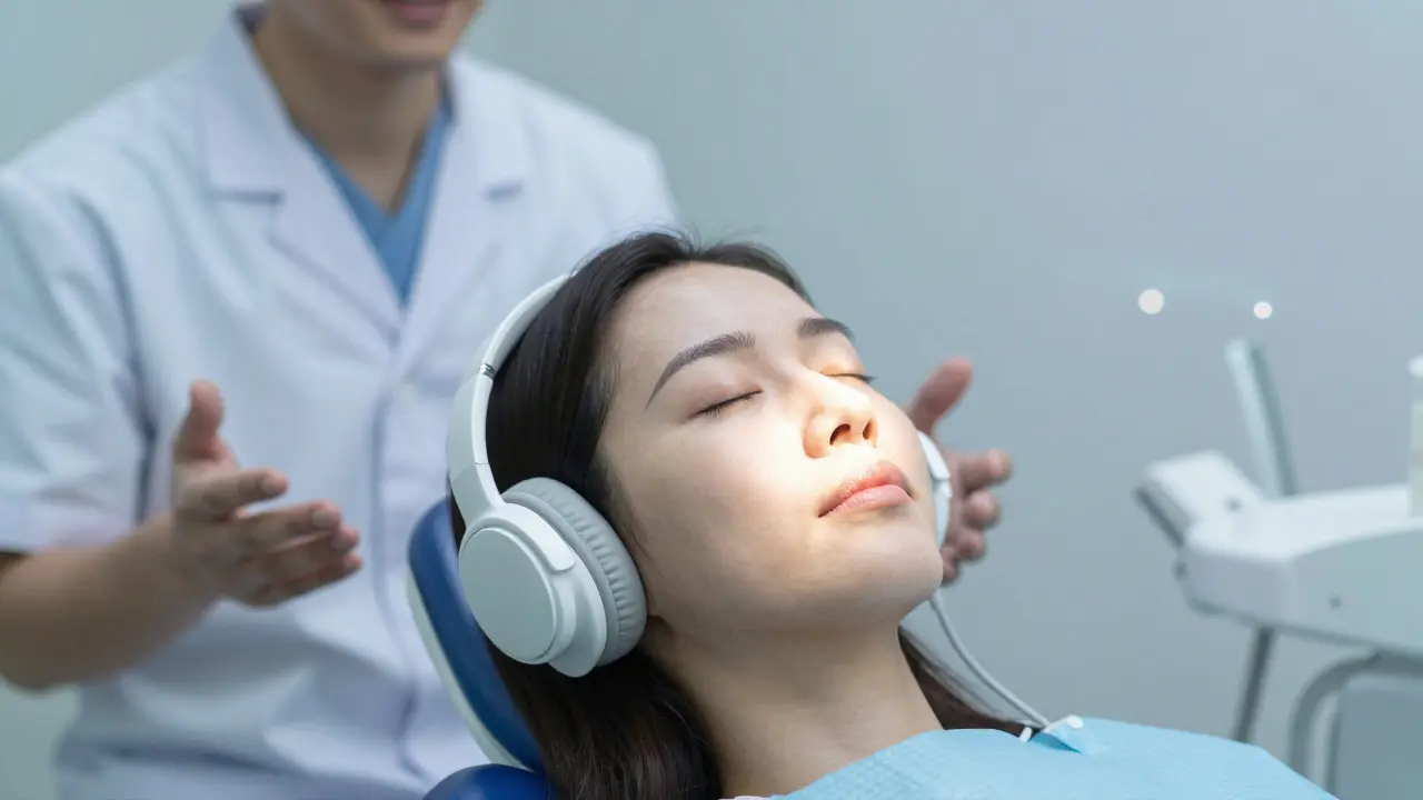 Pacient v křesle naslouchá hudbě pro relaxaci