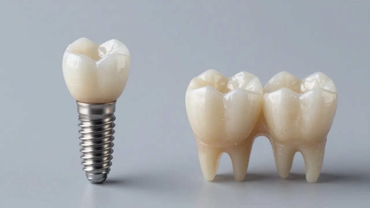 Porovnání zubního implantátu a klasického můstku na neutrálním pozadí