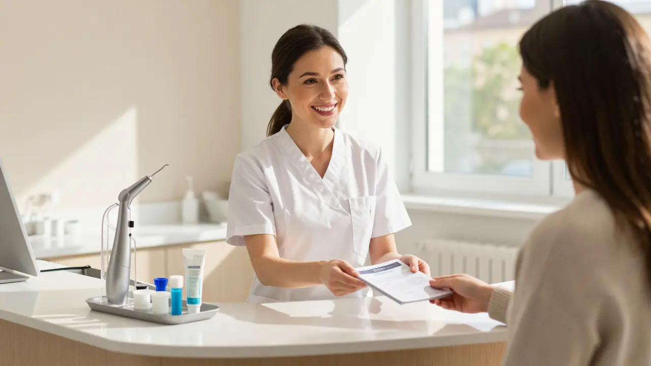 Úsměvná pacientka bere brožuru od hygienistky v moderní ordinaci s čistými nástroji