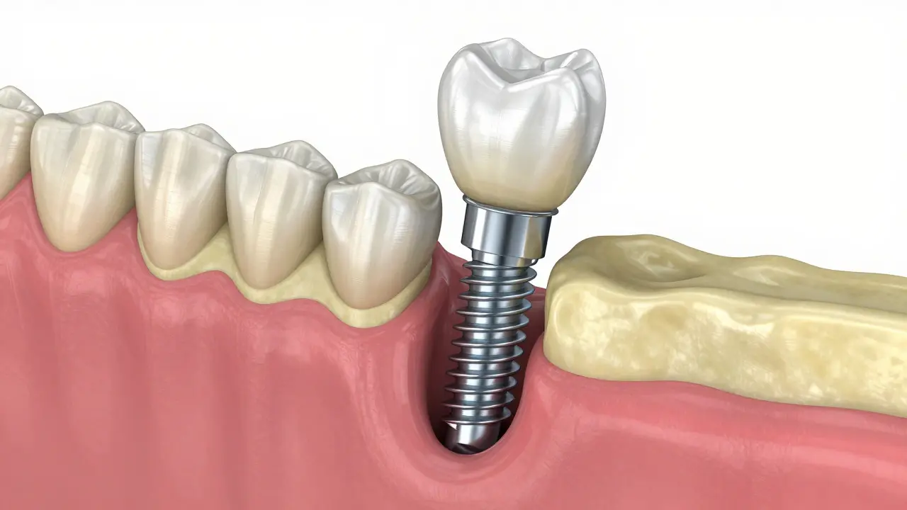 3D ilustrace titanového implantátu v čelisti