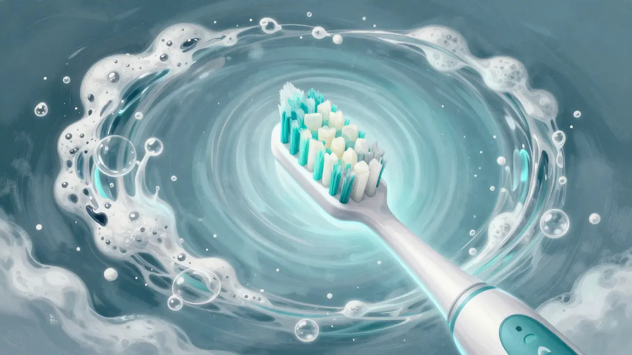 Abstraktní ilustrace čištění zubů elektrickým kartáčkem s bublinami