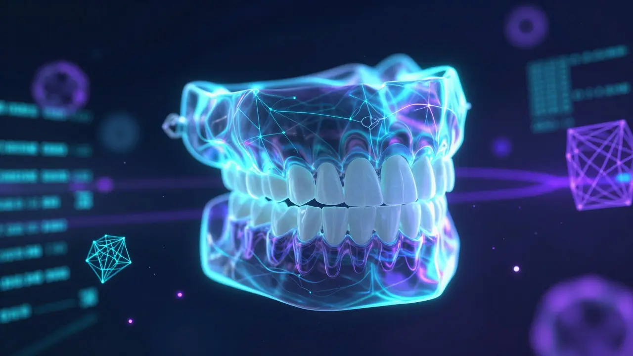 Abstraktní vizualizace AI analýzy 3D modelu zubů s datovými proudy