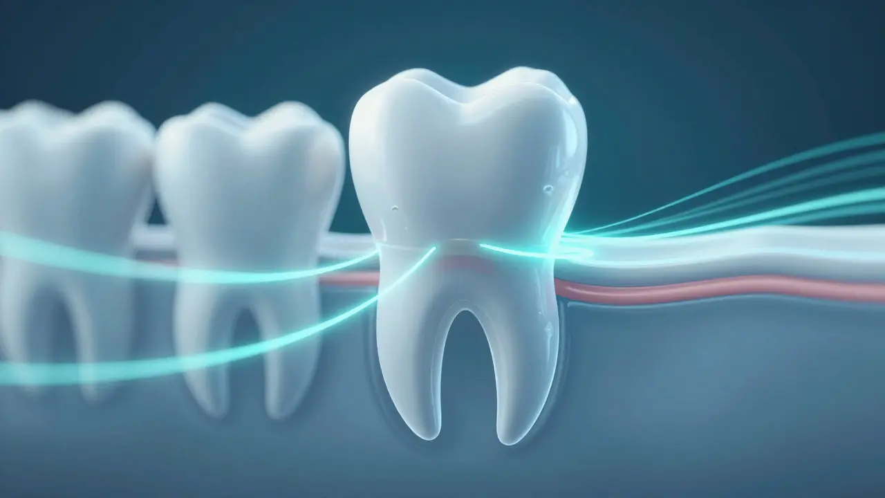 Artistic illustration of tooth movement and bone remodeling process