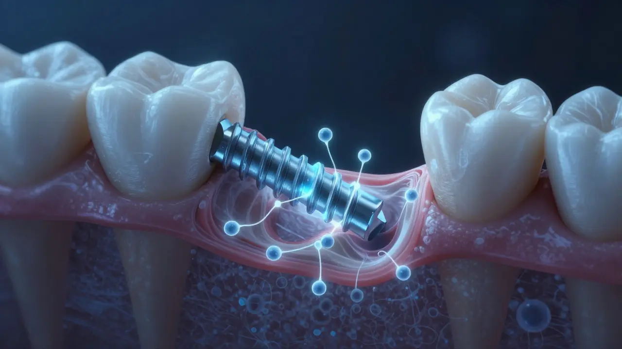 Konceptuální ilustrace spojení kosti s implantátem