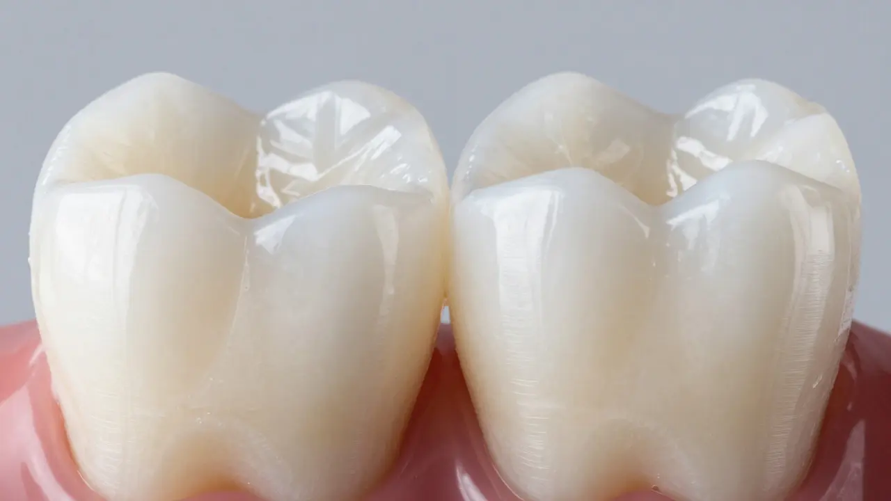 Makro záběr na průsvitný keramický vložek vedle přirozeného zubu
