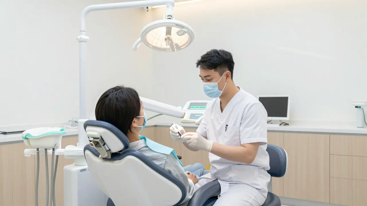 Moderní zubní ordinace s dentistou a pacientem v křesle