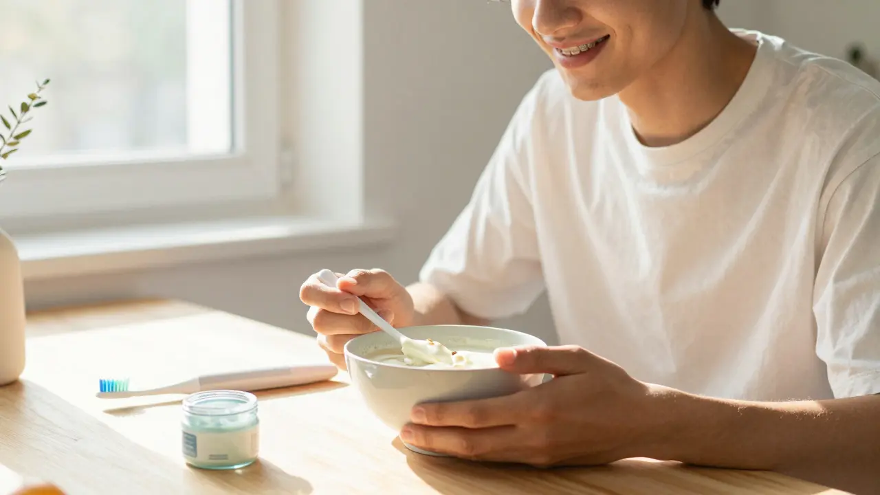 Person eating soft food in kitchen with orthodontic supplies nearby