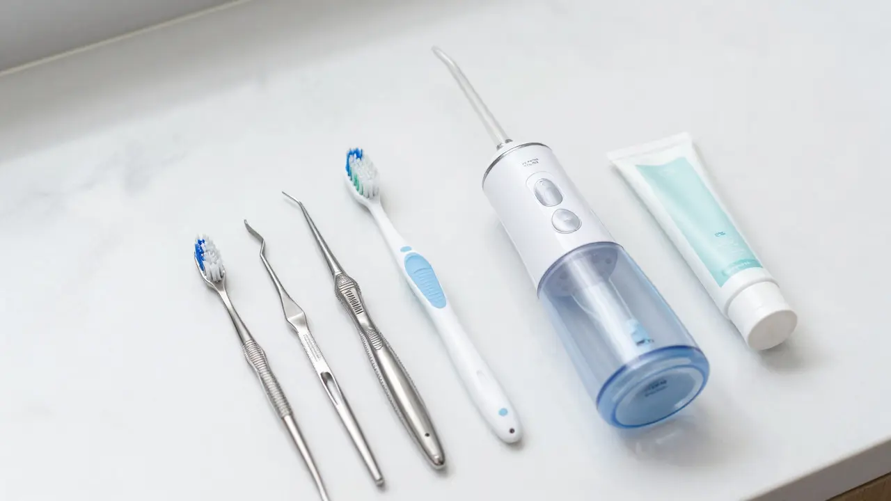 Sada nástrojů pro ústní hygienu: kartáček, mezizubní štětce a irrigátor