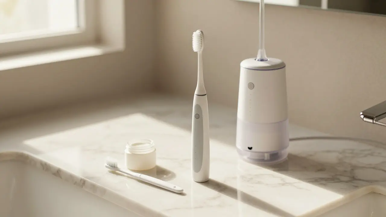 Sestava nástrojů pro ústní hygienu na mramorovém pultu