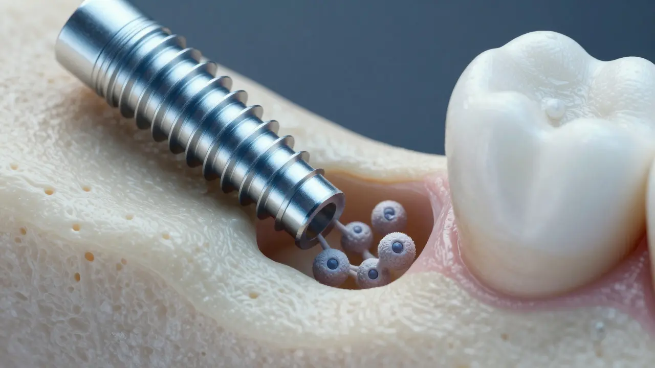 Titanový zubní implantát integrovaný do kostní tkáně