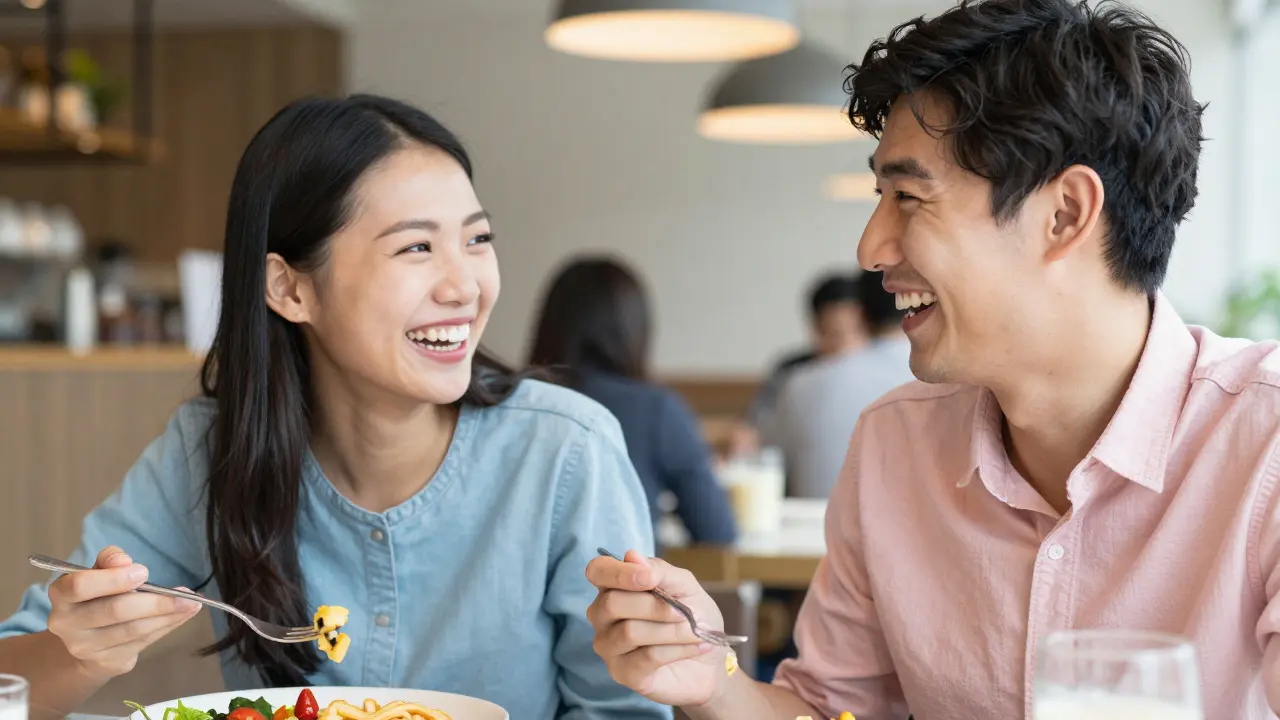 Usmívající se pár uvelebující společnou večeři v restauraci