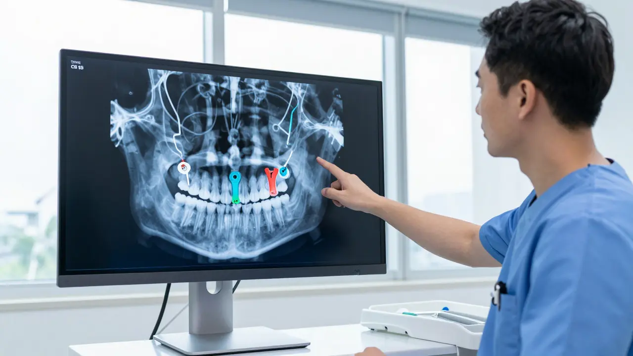 Zubní lékař ukazuje 3D CT snímek čelisti pro plánování implantace