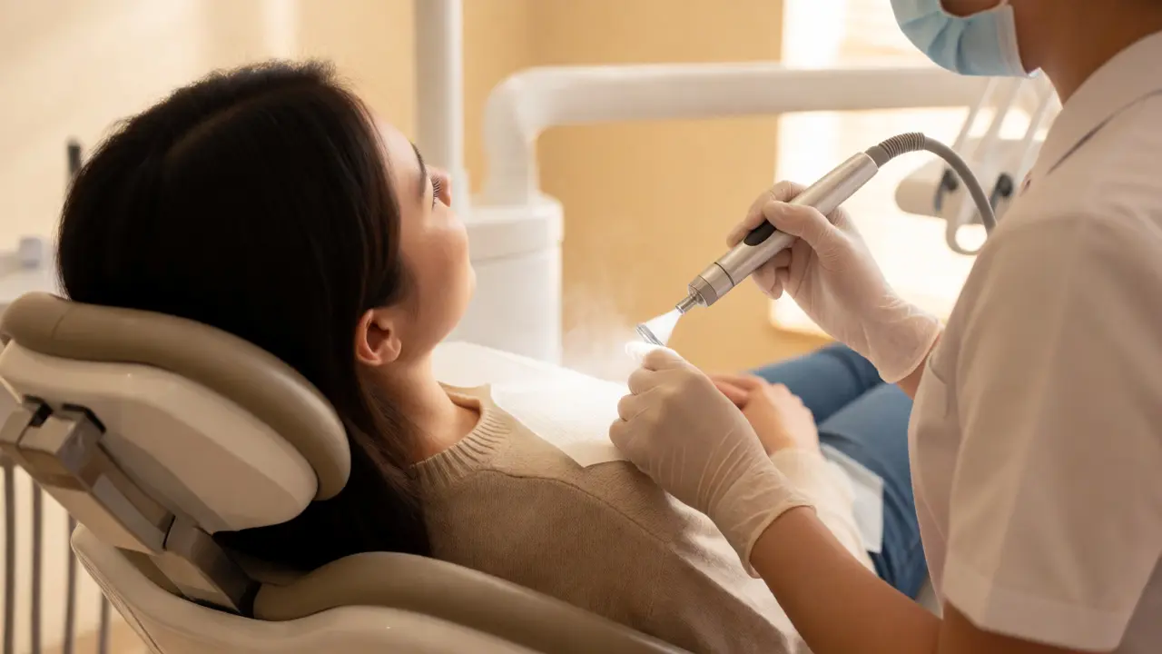Dentální hygienista provádí bezbolestné odstranění kamene ultrazvukem
