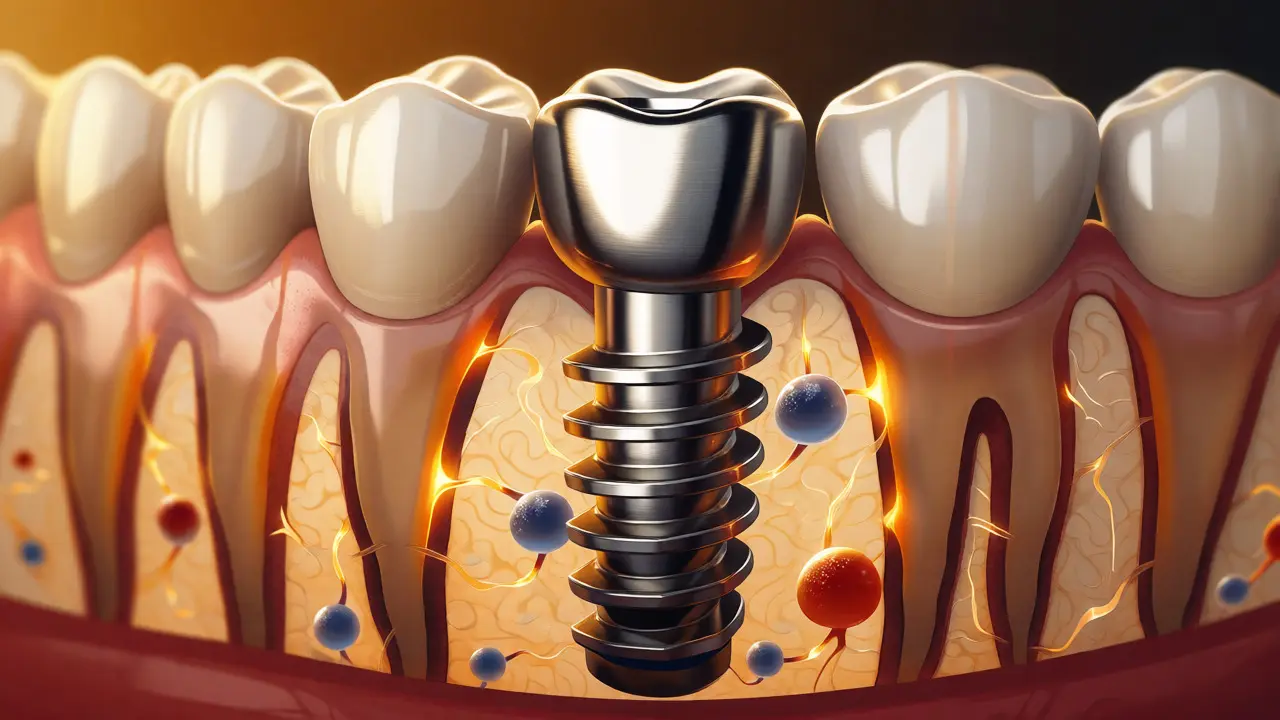 Ilustrace titanového zubního implantátu integrovaného do kosti