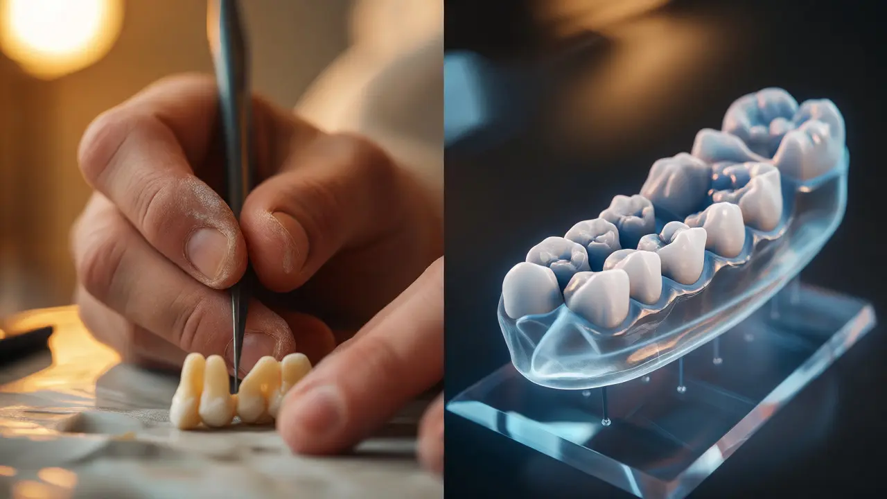 Konceptuální srovnání manuálního tvarování zubů a digitální stomatologie.
